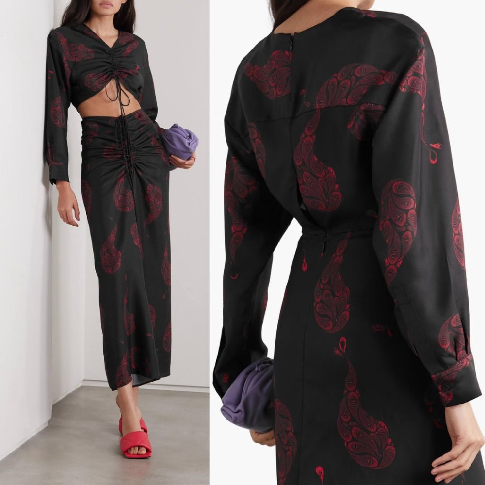 Christopher Esber Ruched Silk Crop Top Skirt Set Paisley Print Sz 10 Black Multi